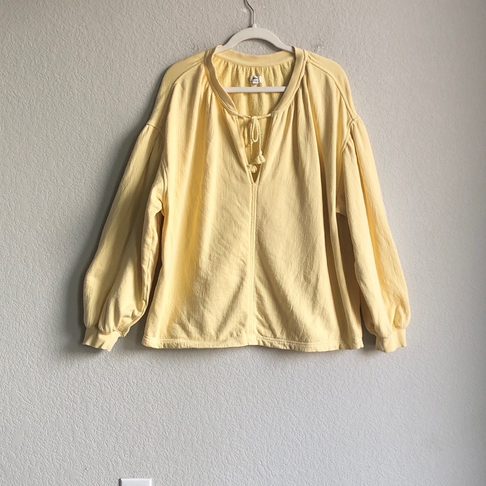 Aerie Oversized Peasant Style Drawstring Sweatshirt Butter Yellow Terry Cotton